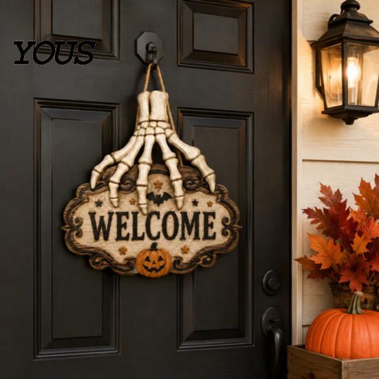 Handmade Hemp Rope Plaque Skeleton Hand Door Welcome Sign, Halloween Pumpkin Bat Pattern Decor, Vintage Lace Texture Sign Wall Hanging Plaque,