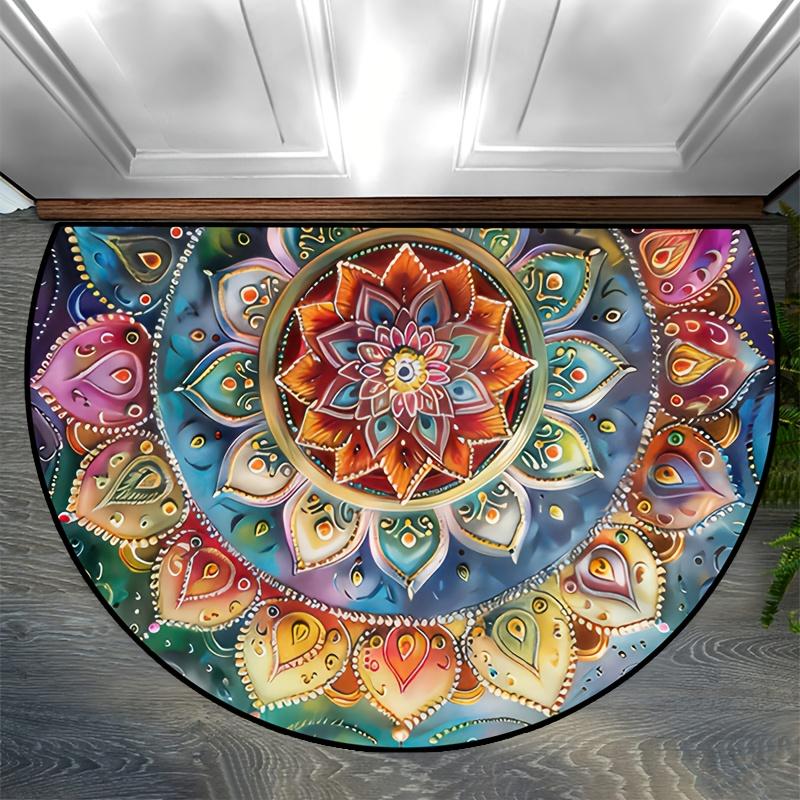 Colorful Ethnic Style Flower Semi-Circular Carpet Soft Non-Slip Decorative Mat 2D Print Aesthetic Rug for Bedroom Balcony Entrance