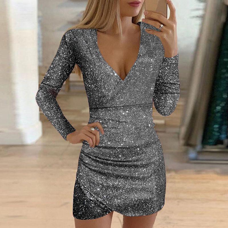 

Elegant Ladies V-Neck Package Hip Skirt Sequin Evening Dress Dark Blue XL