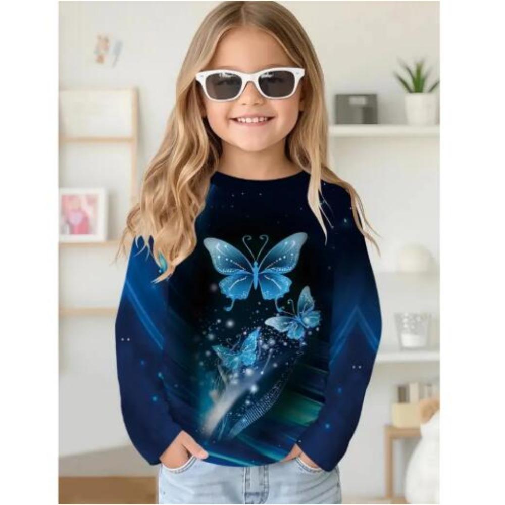 Spring and Autumn Round Neck Butterfly Pattern 3D Printed Top Fashionable Casual Long Sleeved Children's Girl T-shirts