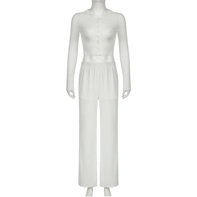 Jednobarevná pletená dvoudílná sada Dámský základní top s dlouhým rukávem a přezkou Elastické široké kalhoty Jednoduchý ležérní oblek Módní novinka jaro