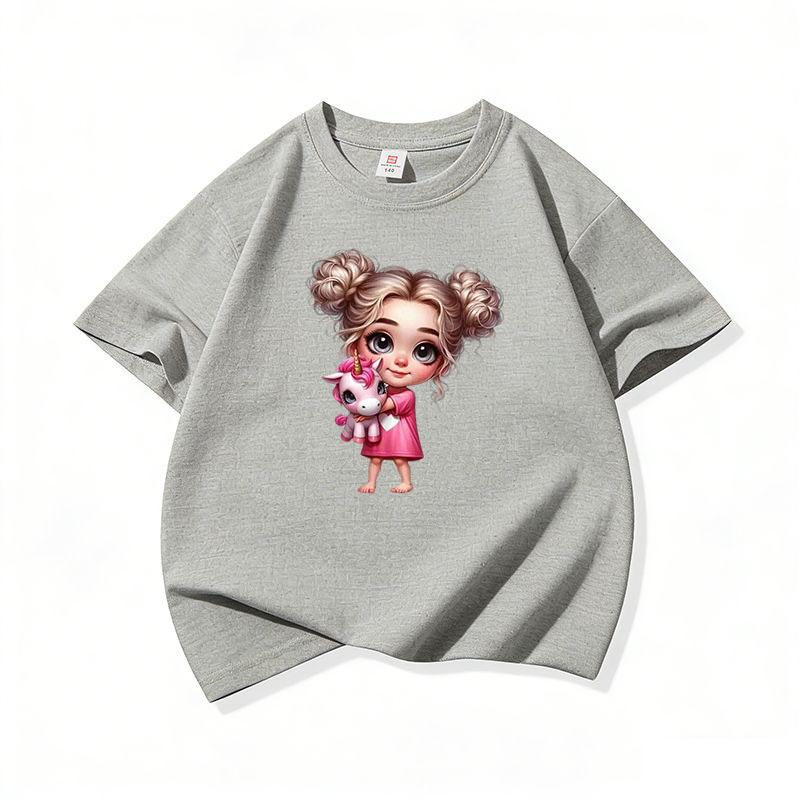 Kids Cotton T Shirt Adorable Girl With Pink Unicorn Print Crew Neck Short Sleeve Tee Casual Boys Girls Summer Tops