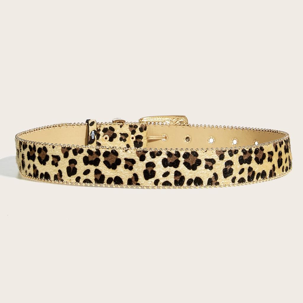 Western Leopard Animal [Lamerry] Belt, Print, Studs, Y2K, Vintage, Punk, Girl, Street, Leather, 108cm, Gold, Men's, Women's