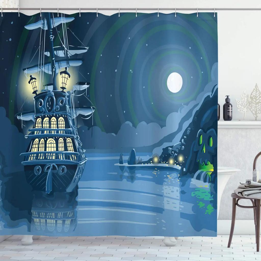 Pirate Ship Shower Curtain for Nautical Bathroom Fantasy Ocean Vintage Pirate Ship Bath Curtains Polyester Decor with 12 Hooks