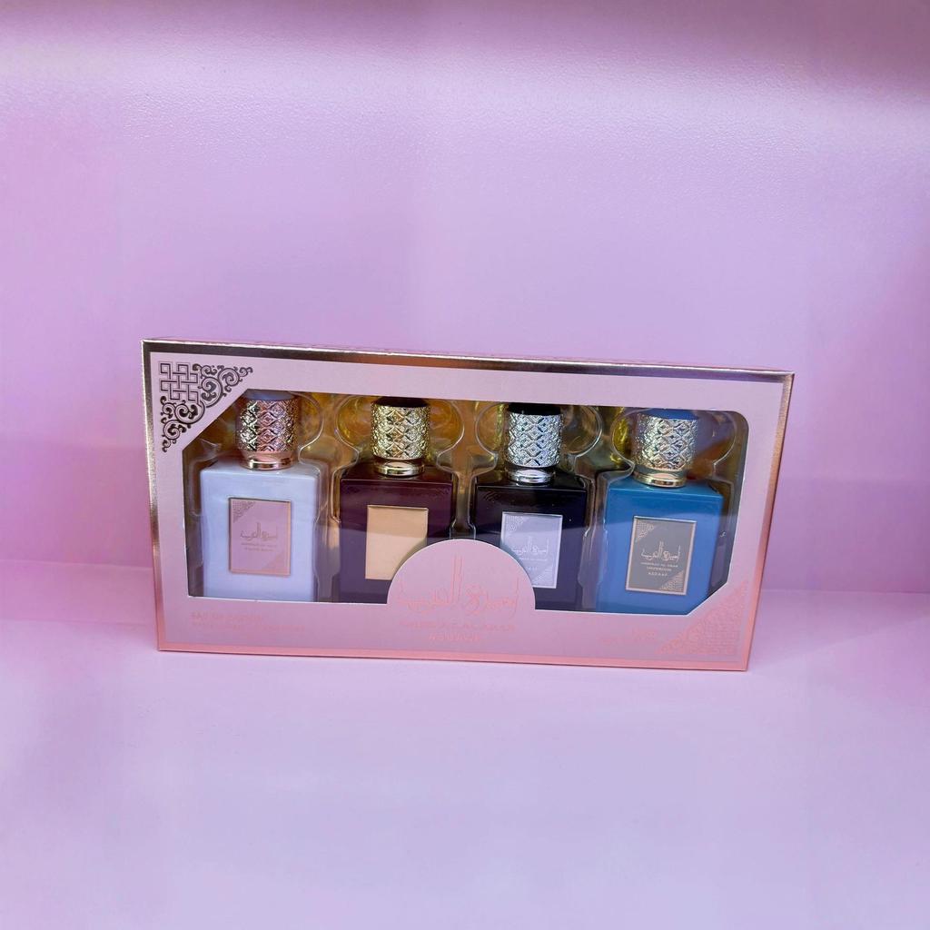 Flocked ARAB Four-Piece Perfume Gift Set: Long-Lasting Arabic Fragrances from Dubai.