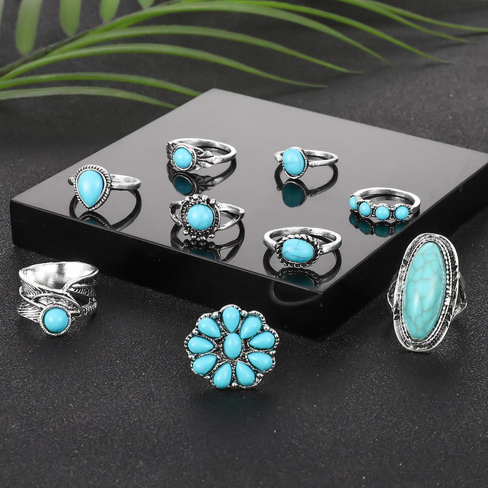 Vintage Bohemian Feather Turquoise Hollow 9 Piece Set Ring