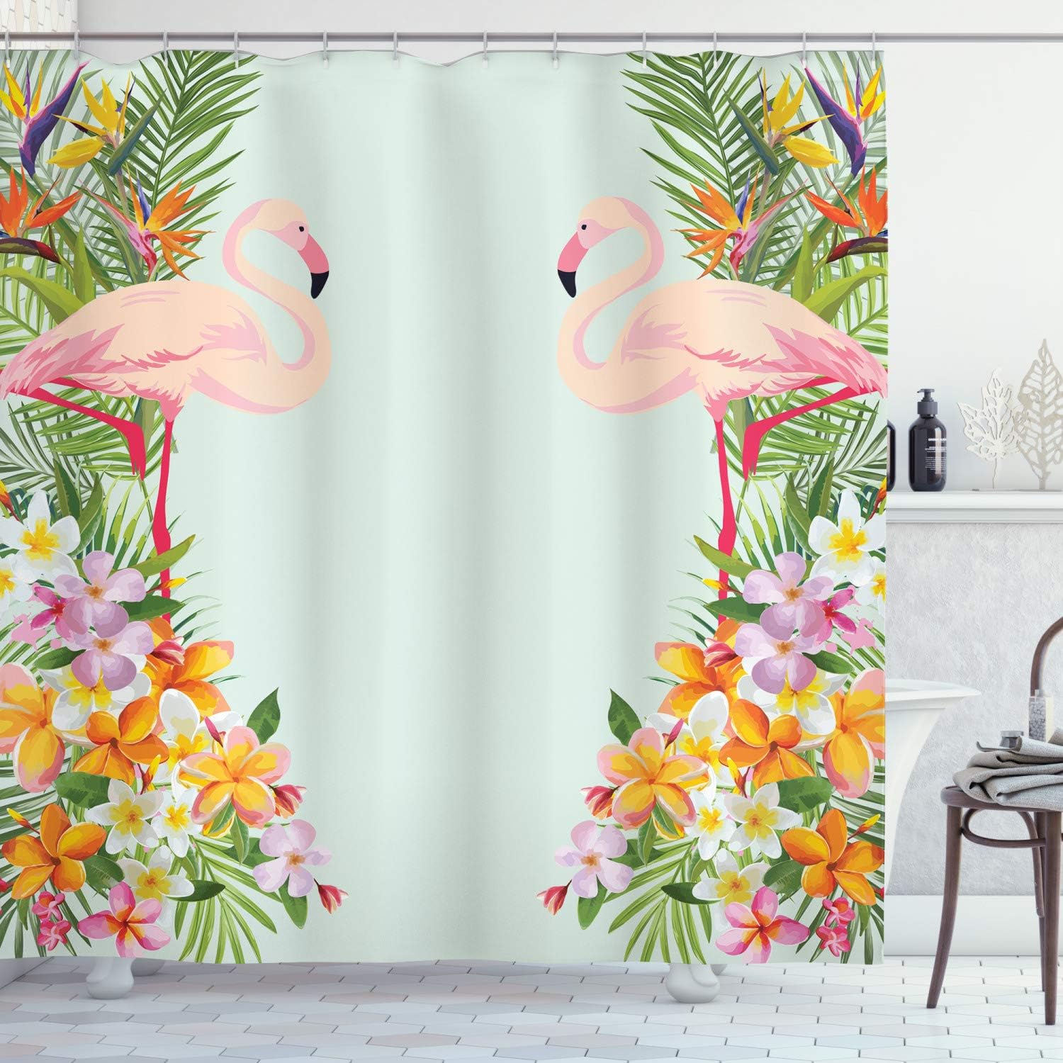 

Tropical Flamingo Print Shower Curtain Colorful Floral Pattern Paradise Scene Beach Style Waterproof Bath Linen Summer Home W60H190(CM)-1 Pcs