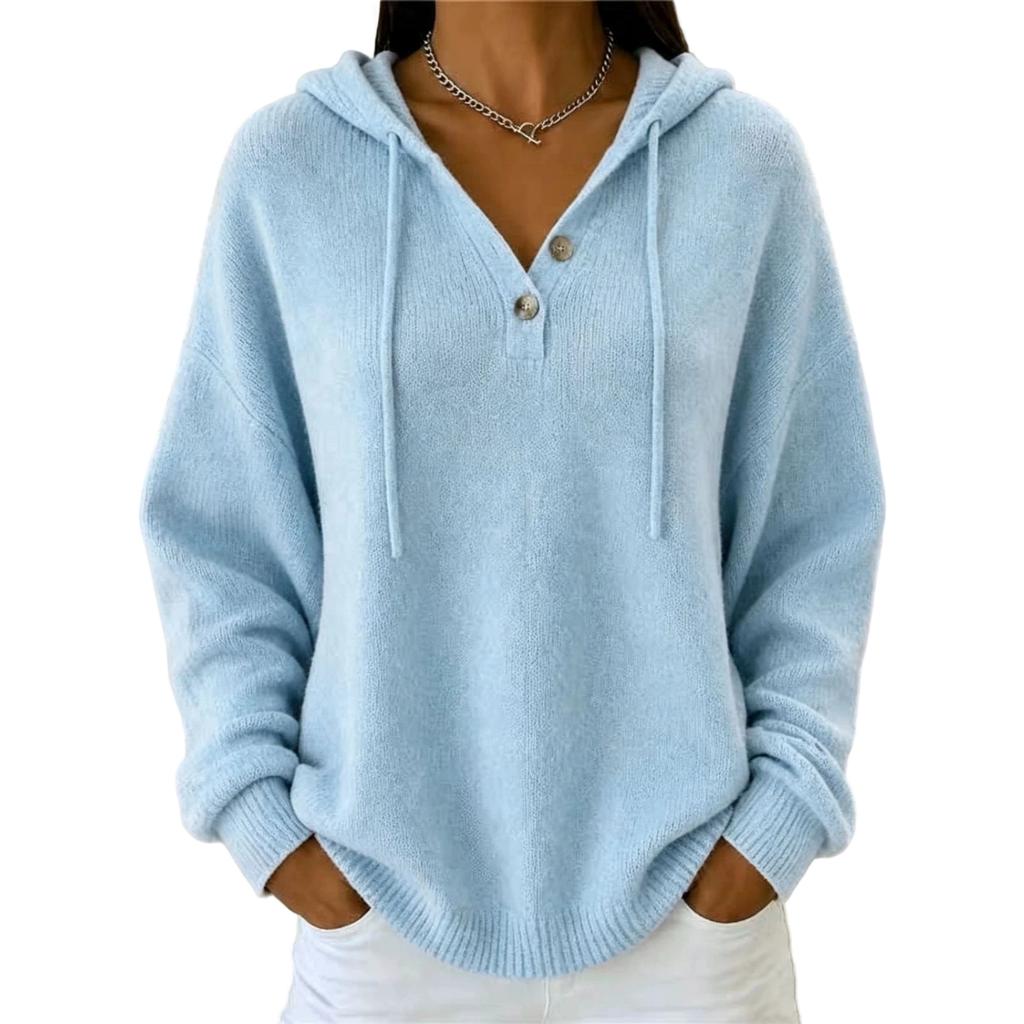 Women's Relaxed Hooded Knit Sweater with Two Buttons, Color Long Sleeve Pullover for Fall Winter