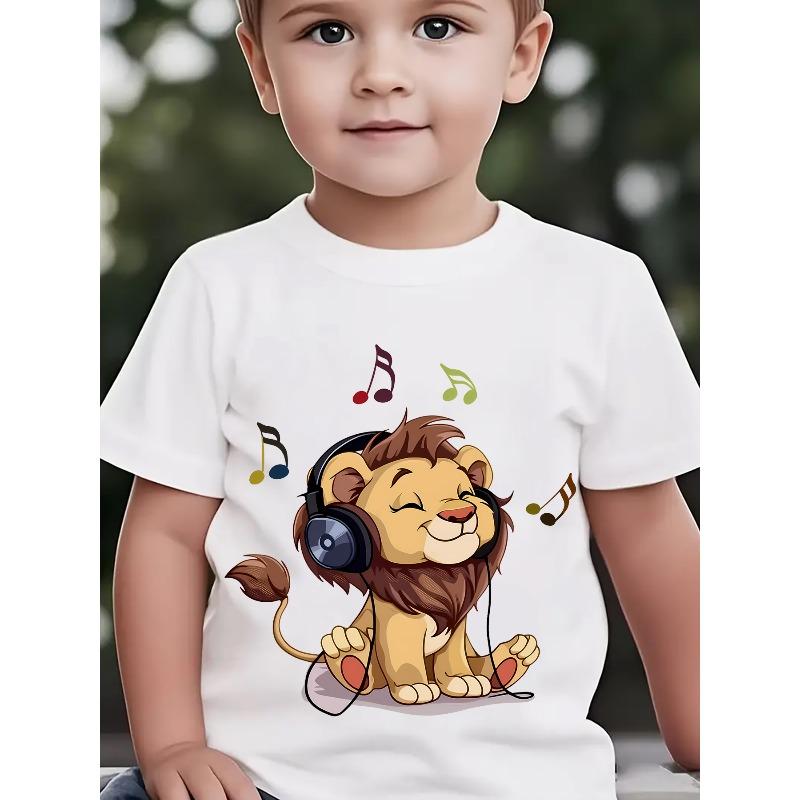 Boys Cute Lion Listening To Music Cartoon Print Crewneck Short Sleeve Tee, Fashion Summer Casual Outdoor Top