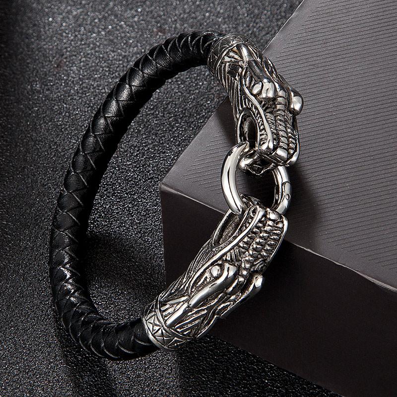 Classic Animal Viking Double Dragon Wolf Head 316L Stainless Steel Men's Leather Bracelet Fashion Punk Jewelry Pulseras