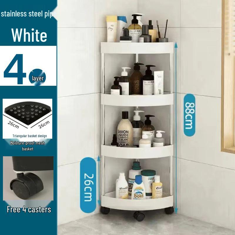 Compact Triangular Bathroom Storage Rack: Multi-Layer, Floor-Standing, Moveable Corner Organizer.