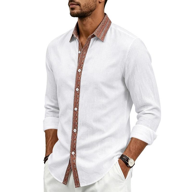 Men's Linen Long Sleeve Button Down Shirt Color Block Collar Vintage Casual Top.
