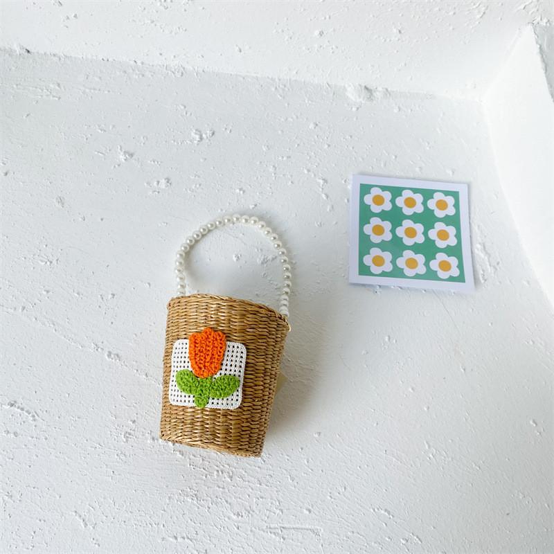 

Adorable Korean Style Kids Mini Handbag With Pearl Chain Summer Floral Design Short Orange
