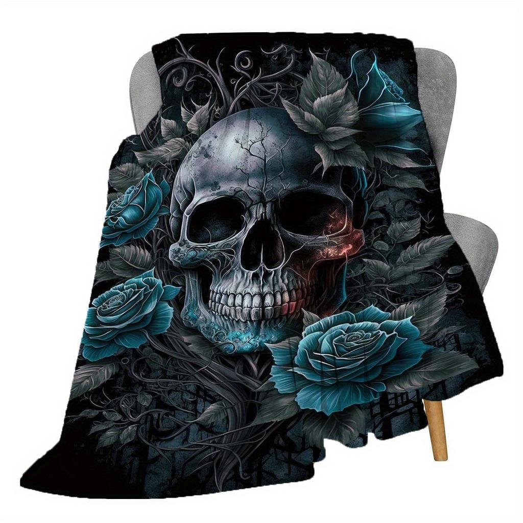Rose & Totenkopf Flanelldecke - Premium Weiche Überwurfdecke für Sofa/Bett/Reise, Gothic Halloween Geschenk für Erwachsene, Ganzjahres-Kuschelig