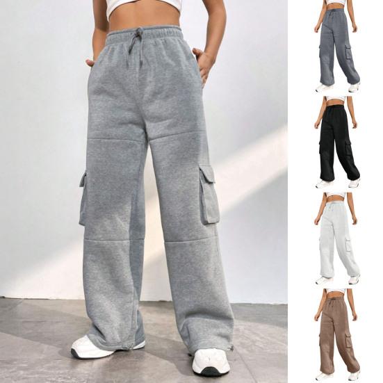 Women Cargo Pants Elastic High Waist Adjustable Drawstring Long Pants with Multi Pockets Wide Leg Design Solid Color Casual Pants