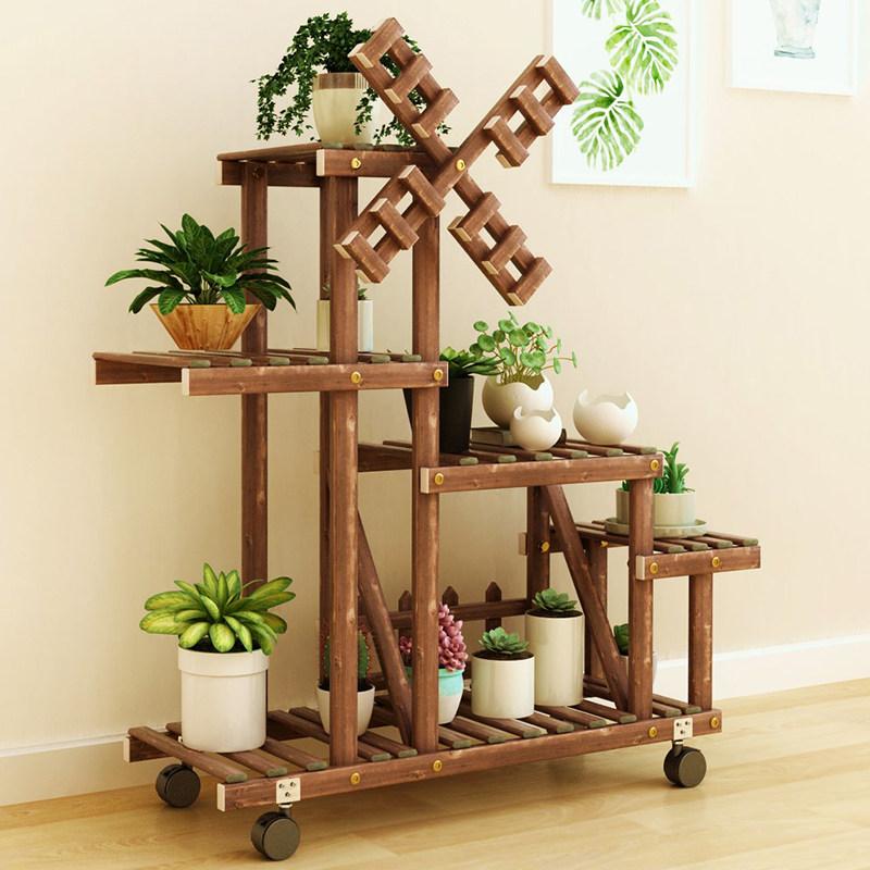 Mobile Plant Stand with Wheels, Heavy Duty Wooden Flower Pot Holder,Freestanding Storage Shelf Unit for Patio Garden Living Room