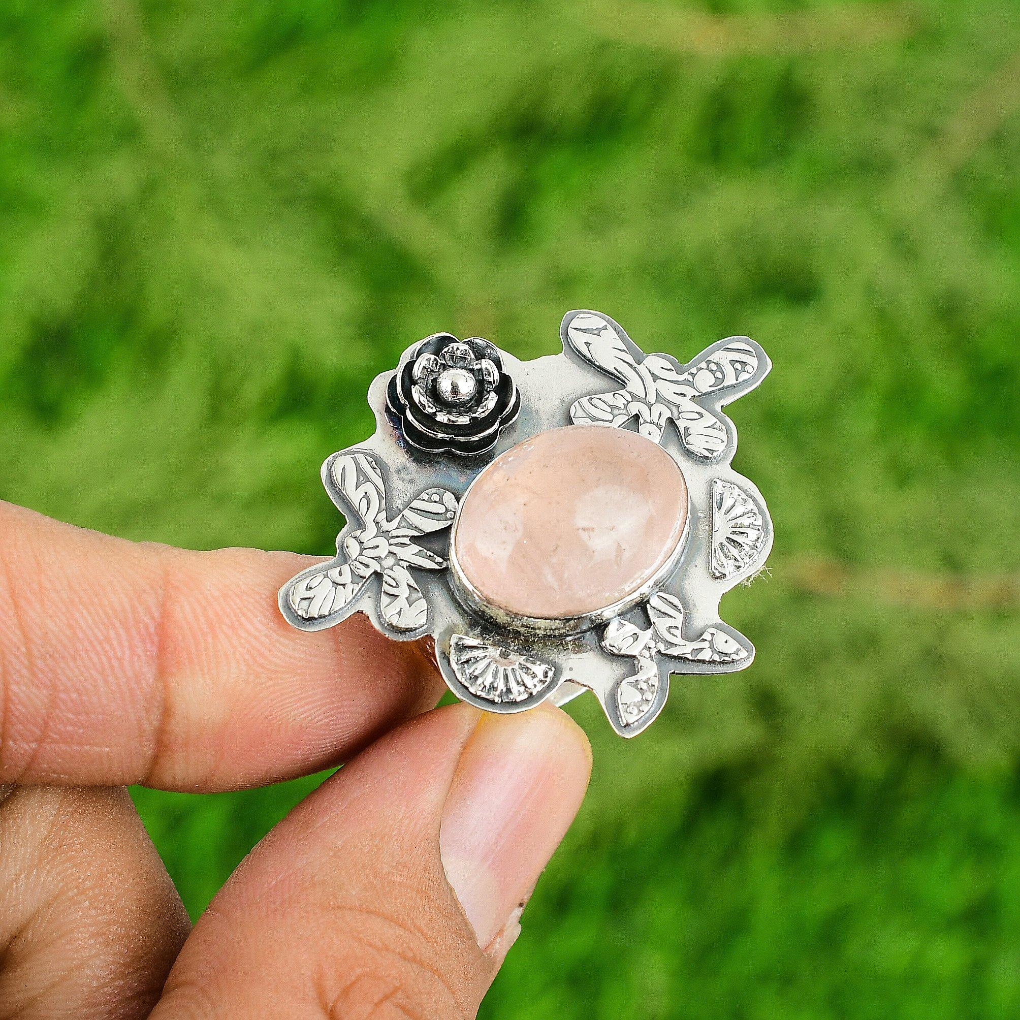 

Gift For Her 925 Silver Natural Rose Quartz Stackable Flower Adjustable Ring Adjustable
