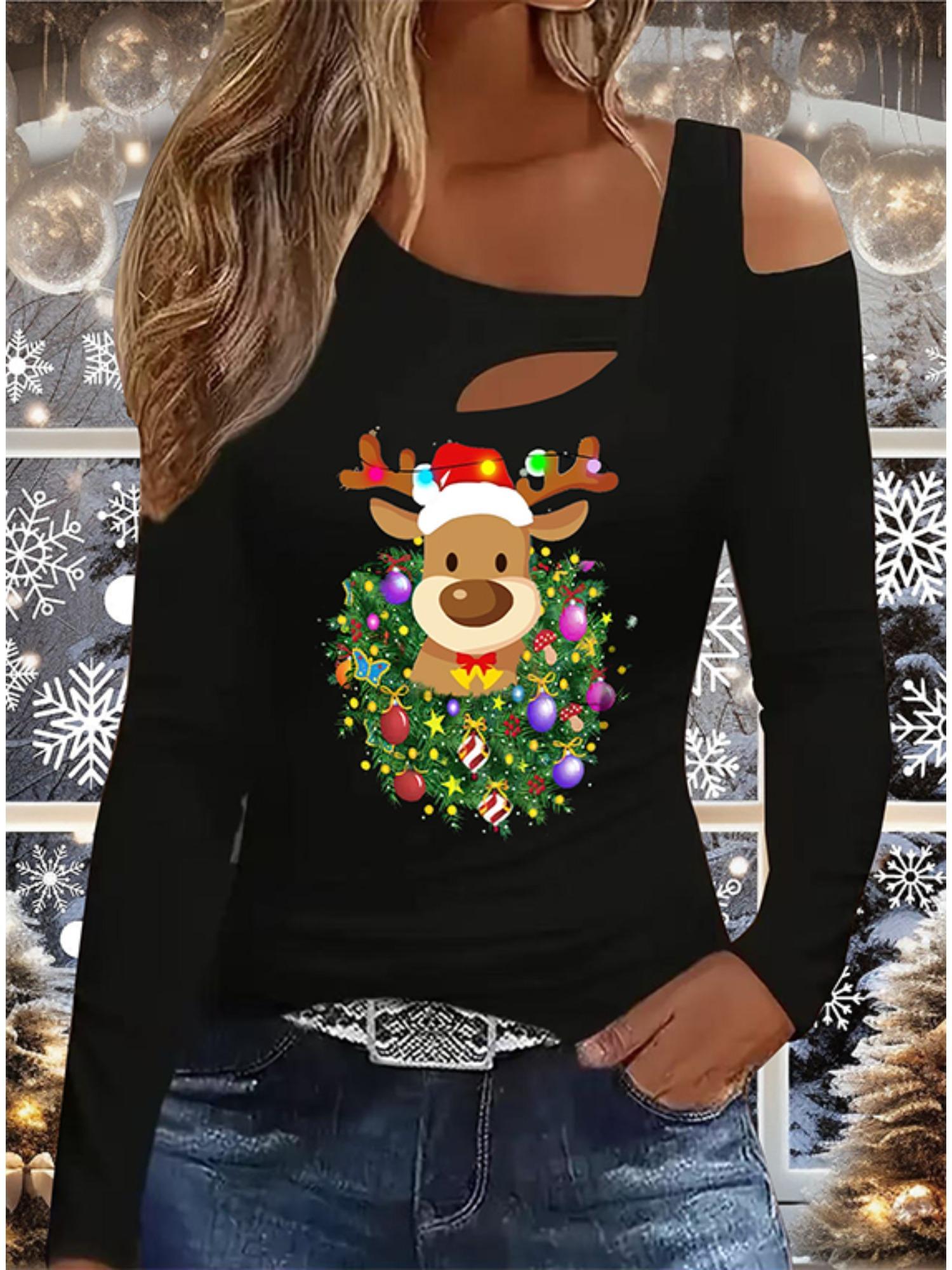 

Осень и Зима Женский Новый Повседневный Топ с Длинным Рукавом Рождественский Узор Идеальный Подарок на Хэллоуин Рождество Футболка S чёрный