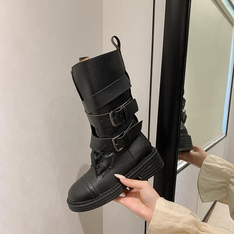 Vintage leather Martin boots women's new medium tube thin boots belt buckle locomotive boots cowhide thick sole thick heel