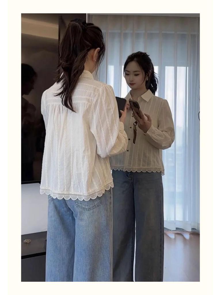 Spring 2025 Women's Lace Patchwork Long-Sleeve Shirt: Fashionable, Age-Reducing, Petite Design