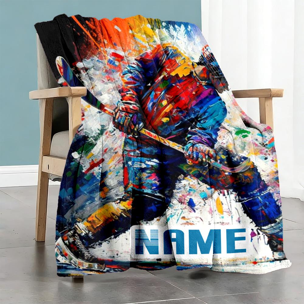 Color Hockey Player Customize Your Name Blanket Multi-purpose Personalized Blanket Durable Comfort Perfect for Nap Seaside Office Chair