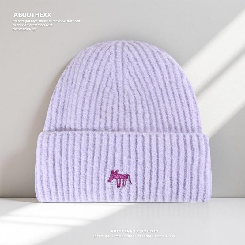 

Fox Embroidered Beanie Cap Unisex Knitted Hat For Autumn Winter Wear Purple
