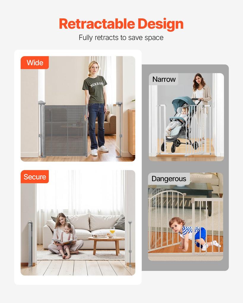 VEVOR Retractable Baby Gate, 870 mm Tall, Extends up to 1400 mm Wide, Retractable Gate for Kids or Pets, Mesh Material