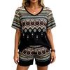 European Streets Summer Fashion Bohemian Ethnic Style Printed V-Neck Short Sleeved T-Shirt And Shorts Set Women's and Men's T-shirt Shorts Set