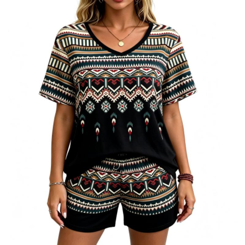 European Streets Summer Fashion Bohemian Ethnic Style Printed V-Neck Short Sleeved T-Shirt And Shorts Set Women's and Men's T-shirt Shorts Set