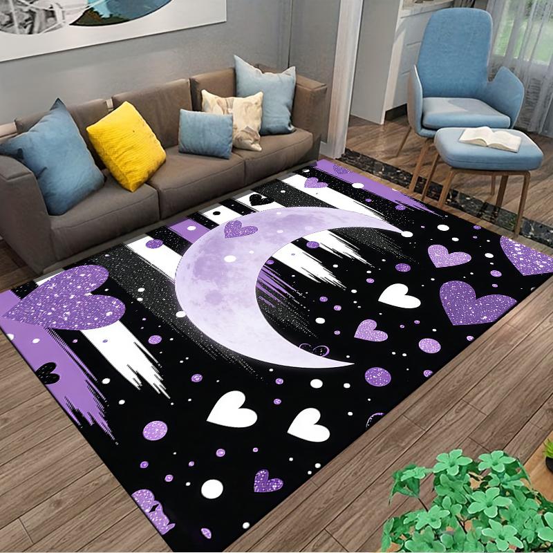 Purple Moon and Heart Pattern Carpet with Black and White Stripes Suitable for Use As an Anti-slip for Living Room Bedroom Sofas