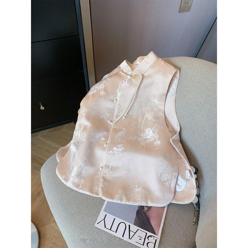 Vest satin jacquard vest women's early spring high-end sense antique style disc-buckled fringed vest sleeveless women's top