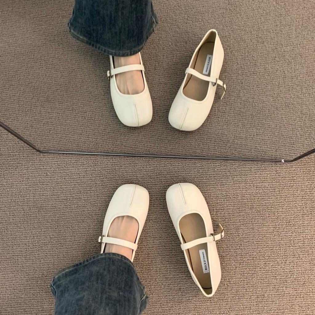 Flat-bottomed Gentle Evening Shoes French Cream Yellow Pig's Trotters Single Shoes Women's Spring and Autumn Soft-soled Split-toed Mary Jane Grandma L