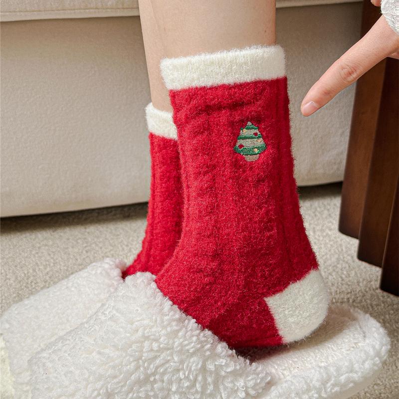 1/4 Pair Autumn Winter Christmas Pattern Mid-Tube Socks Christmas Tree Snowman Sausage Dog Embroidery Cotton Socks New Year Gift