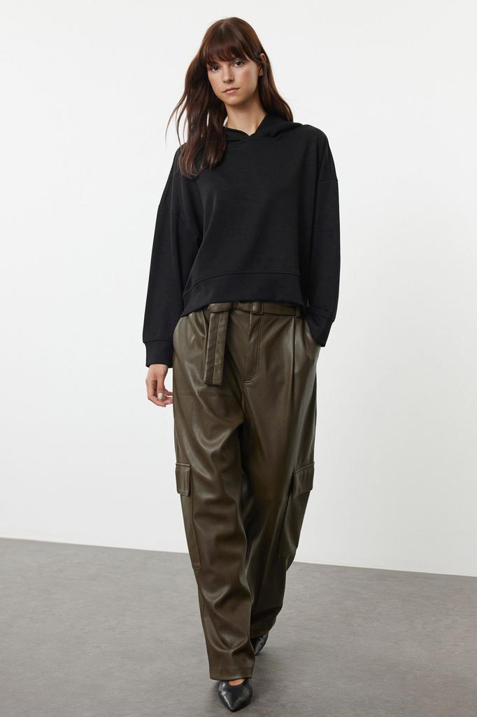 Women's Fashionable Stylish Sweatshirt Black Hooded Stitching Detailed Regular Normal Cut Soft Touch Knitted Sweatshirt