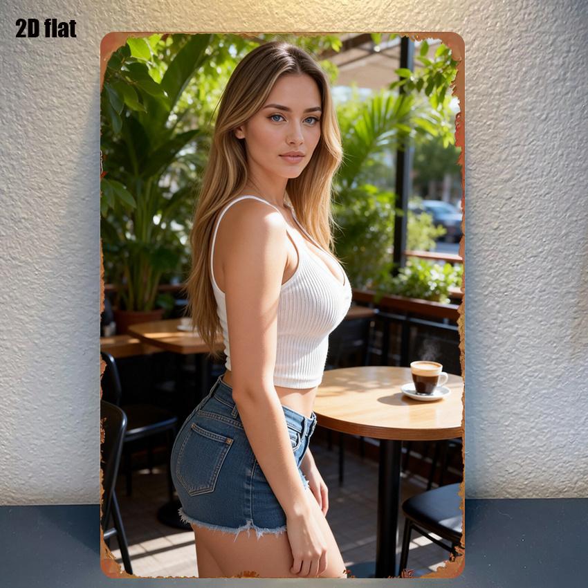 D Flat Sexy Girl Coffee Shop Aesthetic Metal Sign Blonde Girl Wall Art Poster For Home Cafe Bar Decor