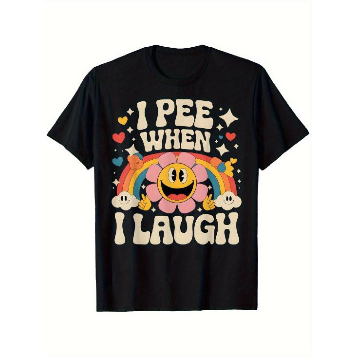 1pc Funny I Pee When I Laugh T-Shirt - Soft Crew Neck Loose Fit Tee with Smiling Face & Rainbow Design - Humorous Unisex Adult Casual Shirt for Men S чёрный