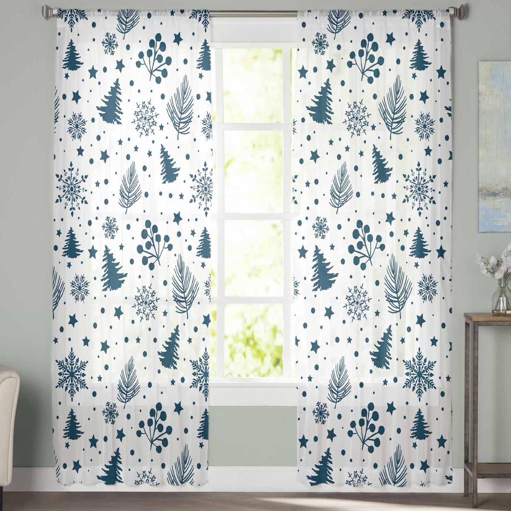 Cortinas de Flocos de Neve de Agulhas de Pinheiro de Natal para Sala de Estar Quarto Decoração de Casa Janela Voile Tule Cortina Drapeados