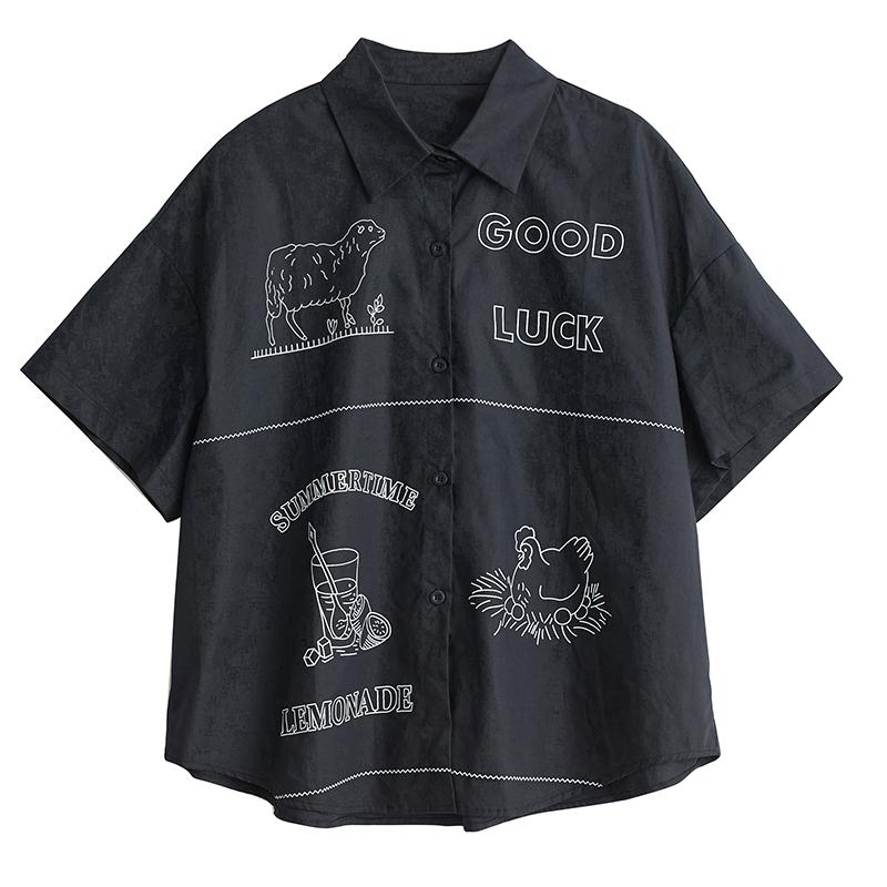 DIMANAF 2026 Plus Size New Spring Summer Blouse Short Sleeve Casual Shirt Women Loose Tops Shirts Cotton Black Print