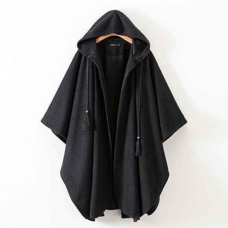 Unisex European Style Black Hooded Wool Cloak - Autumn/Winter Medium