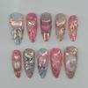 24PCS Sweet Cool Pink Gradient French False Nails Metallic Silver Heart Patterns Almond Press On Nails Detachable Fake Nail Tips