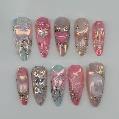 24 UÑAS POSTIZAS FRANCESAS GRADIENTE ROSA DULCE Y CHIC Patrones de Corazón Plateado Metálico Uñas Almendradas Adhesivas Puntas de Uñas Postizas Desmontables
