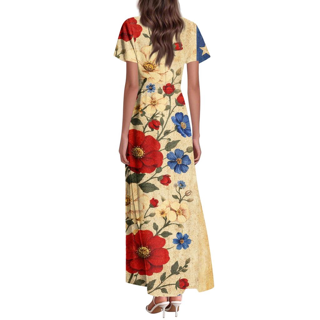 Dámské letní ležérní módní šaty s barevným potiskem Šaty s krátkým rukávem s výstřihem do V