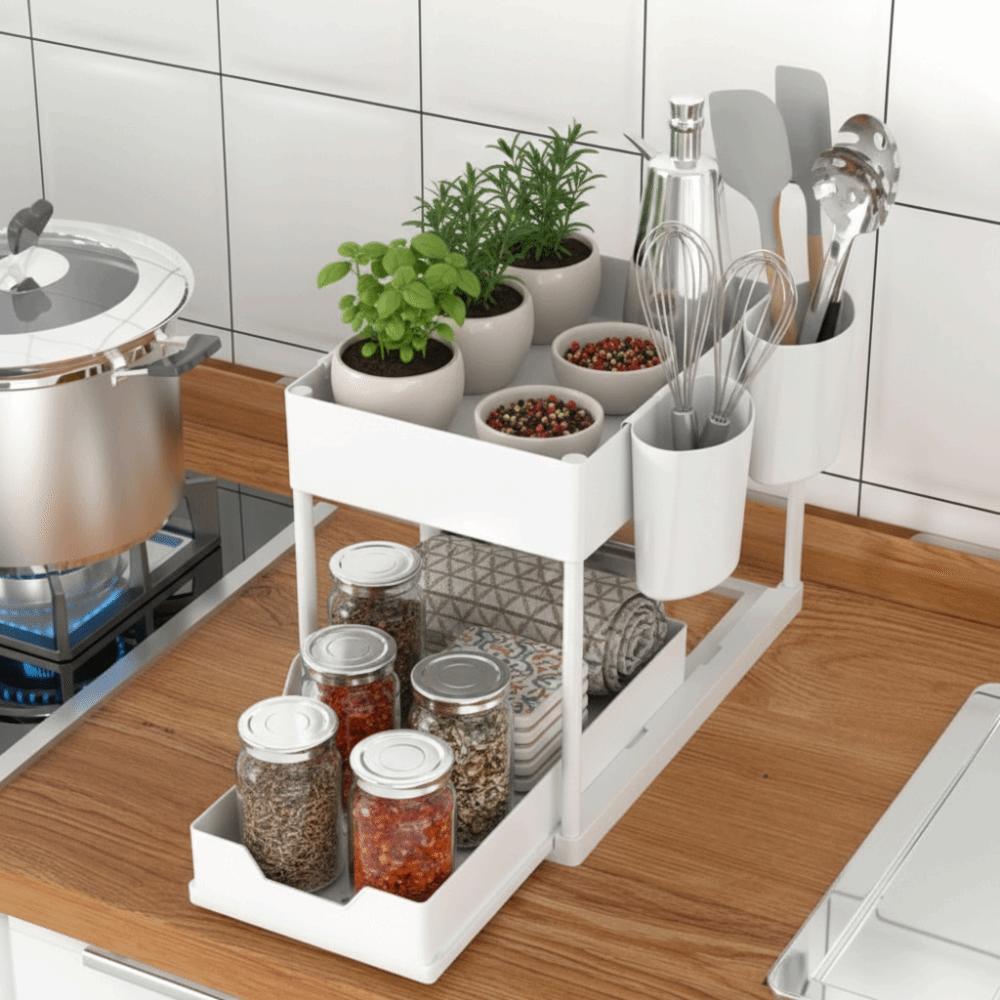 2 Tier Sliding Cabinet Basket With Hooks Under Sink Organizer Upgraded Bathroom Organizer Bathroom