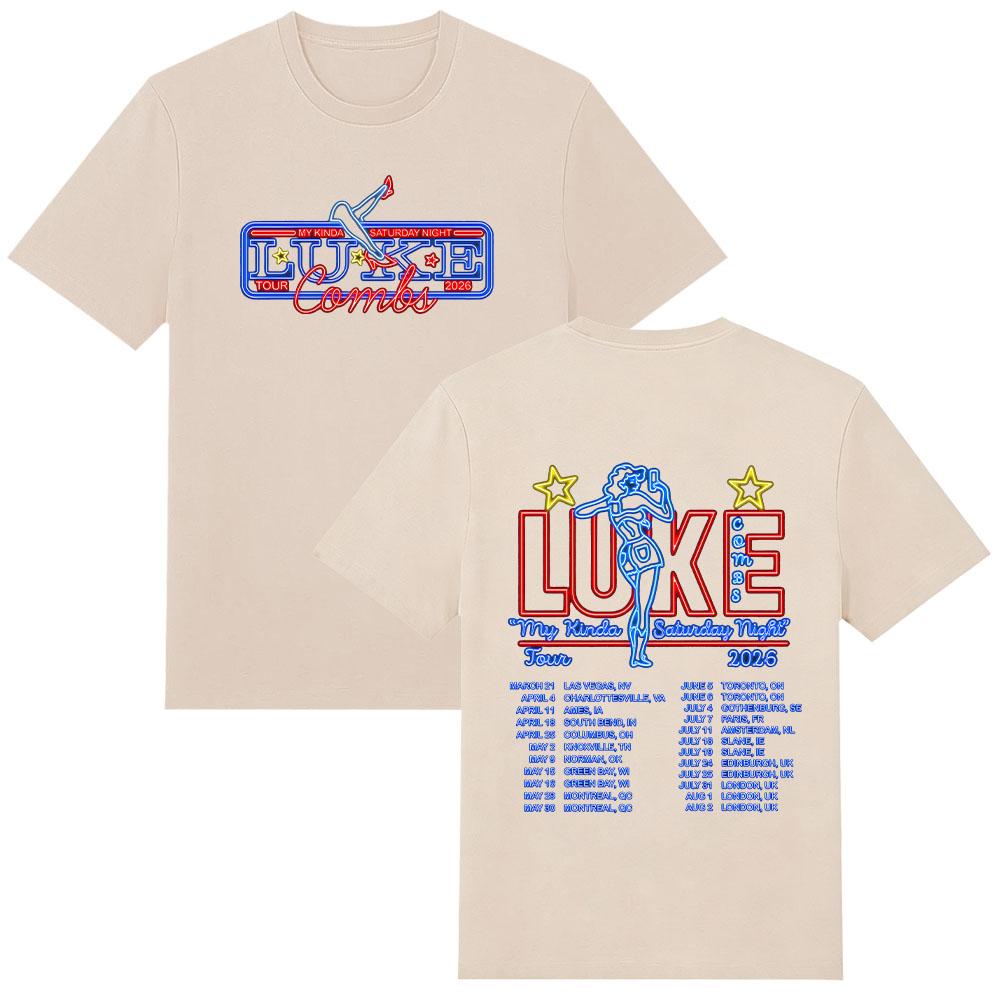 Maglietta Tour Neon Maglietta Tour Luke Combs 2026 T-shirt Maglietta in Cotone Double-sided Regalo per Fan di Musica High Street Abbigliamento Comodo