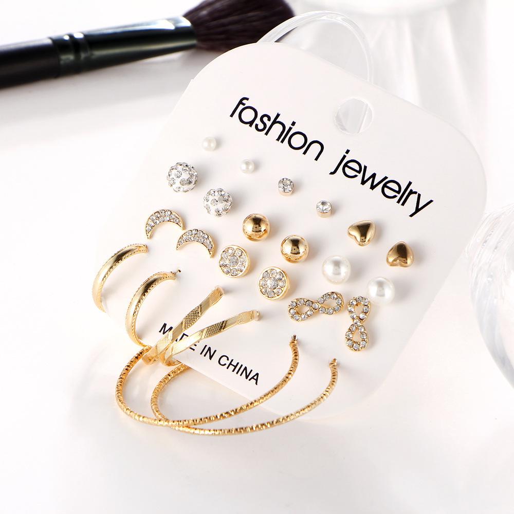 European & American Retro Rhinestone Hoop Earrings Set - Creative Exaggerated Design, 12-Piece Variety