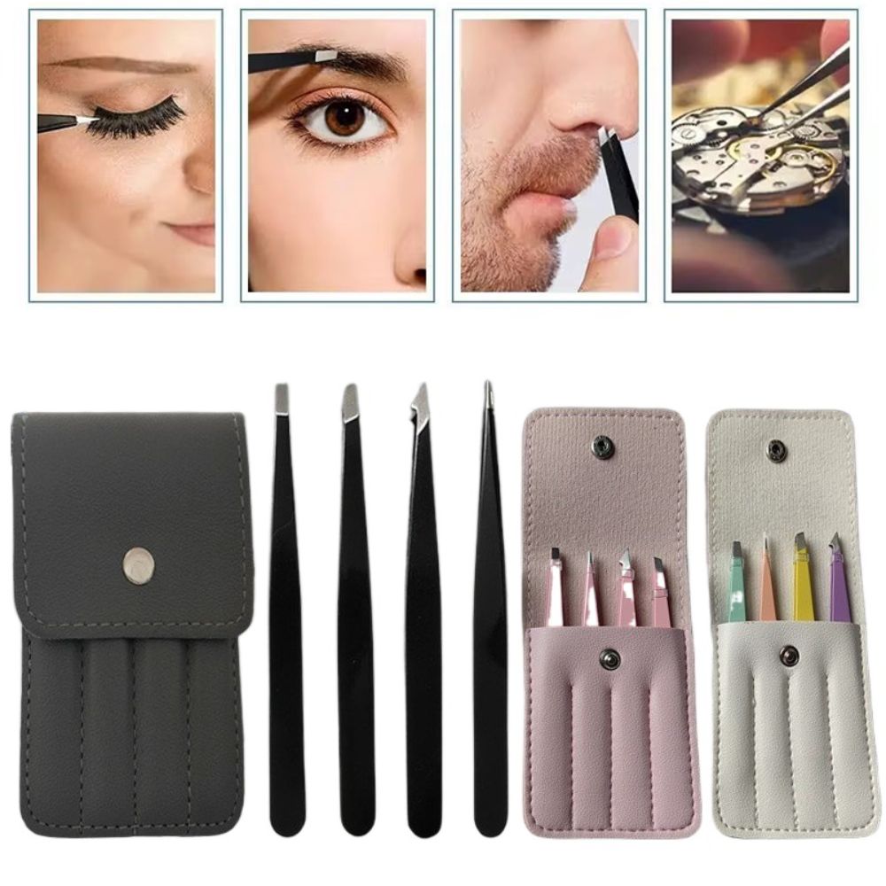 4PCS/Set Stainless Steel Slanted Tweezers Set Pointed Tip With Storage Bag Hair Removal Tweezers Portable Beard Tweezers