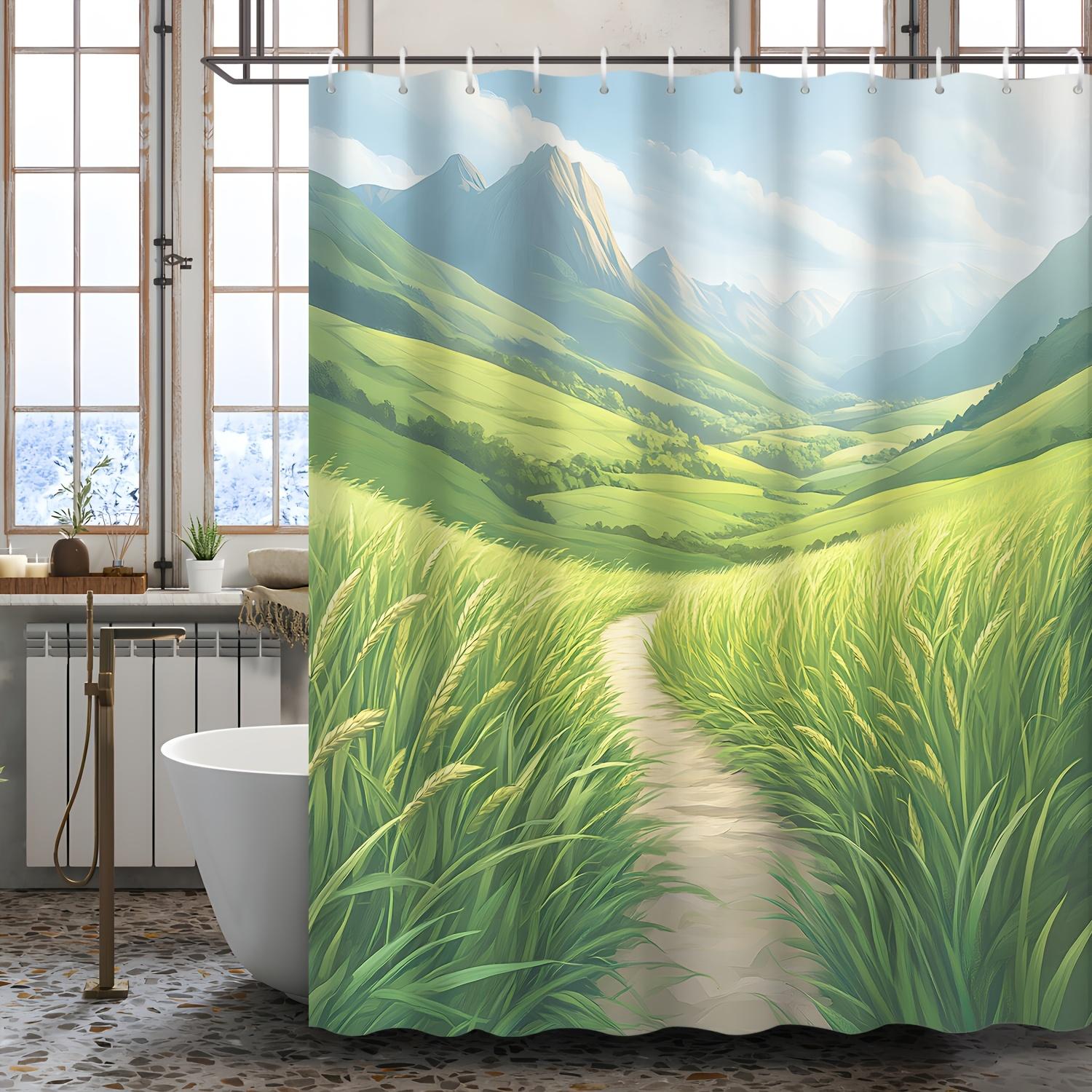 

Scenic Landscape Shower Curtain: Serene Path Through Green Fields And Mountains For A Tranquil Bathroom Decor W60H190(CM)-1 Pcs