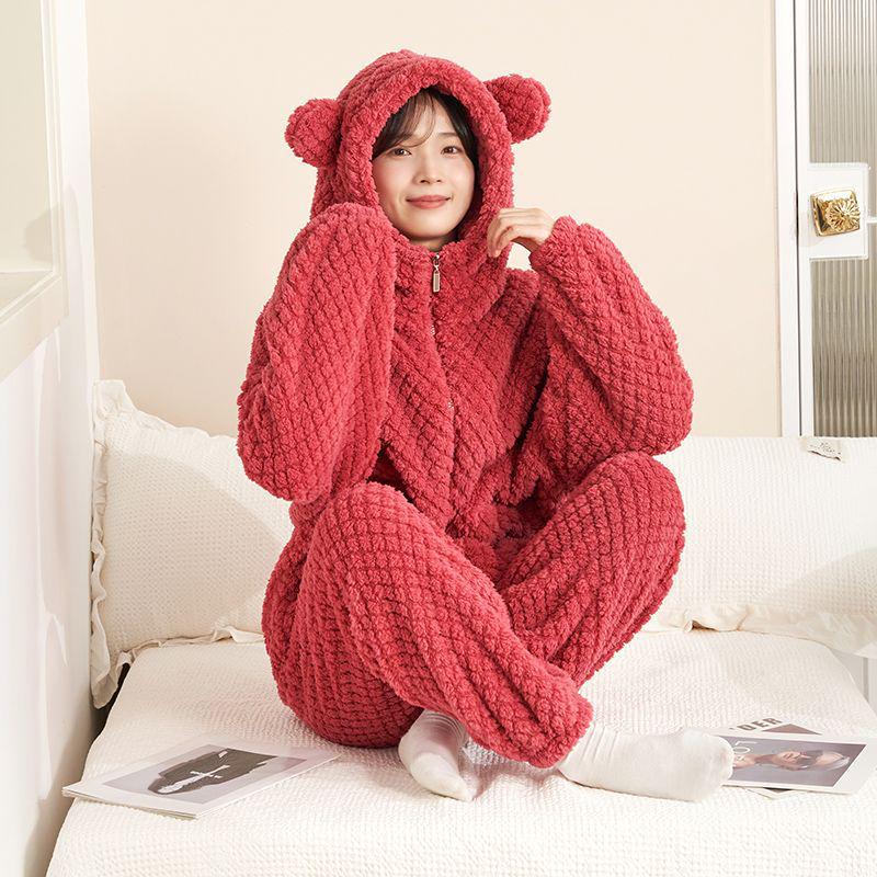 Women's Coral Fleece Pajama Set - Hooded & Zippered, Thick Flannel with Plus Velvet, Suitable for Outdoors in Autumn & Winter