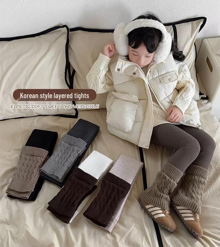 Trendy Girls' Fleece-Lined Cable Knit Patchwork Leg Warmers - Thick Lambswool Vertical Stripe Warm Pants