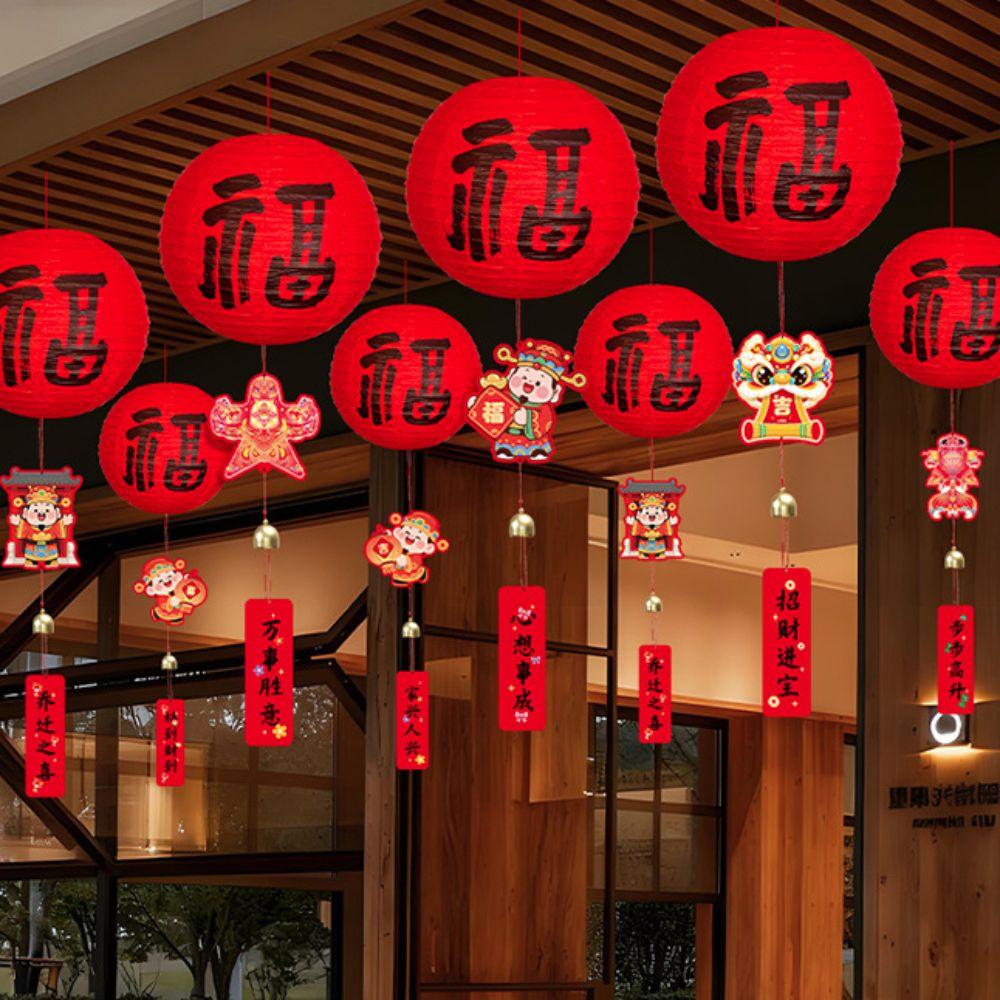 1 pair Blessings Printing Spring Festival Potted Plant Pendant Traditional Chinese Style Doorknob Wind Chimes With Bell